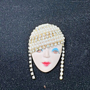Vintage Art Deco Porcelain Face Brooch Pin Rhinestone Flapper Bling Hair Red Lip